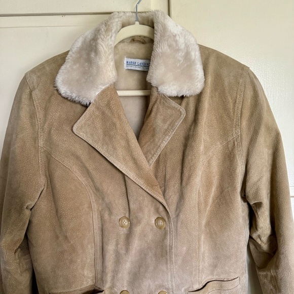 Marsh Landing Tan Suede Leather Jacket Faux Fur Collar Size Medium - Picture 4 of 10
